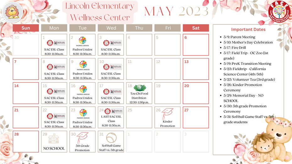 May Wellness Center Calendar